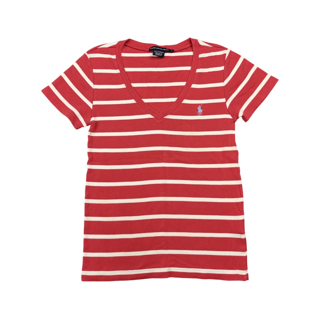 Ralph Lauren Sport T-Shirt Womens Large Red V-Neck Striped 100% Cotton